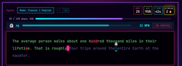 TypingBIRDS Ghost Racing progress chart showing the player's WPM improving across multiple races over time