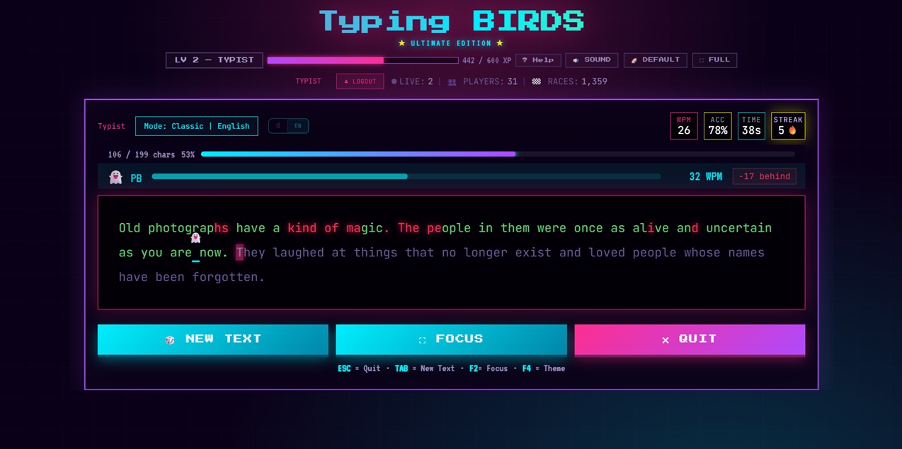 TypingBIRDS Ghost Racing showing a live ghost of the player's personal best run racing beside the current attempt with a WPM gap indicator