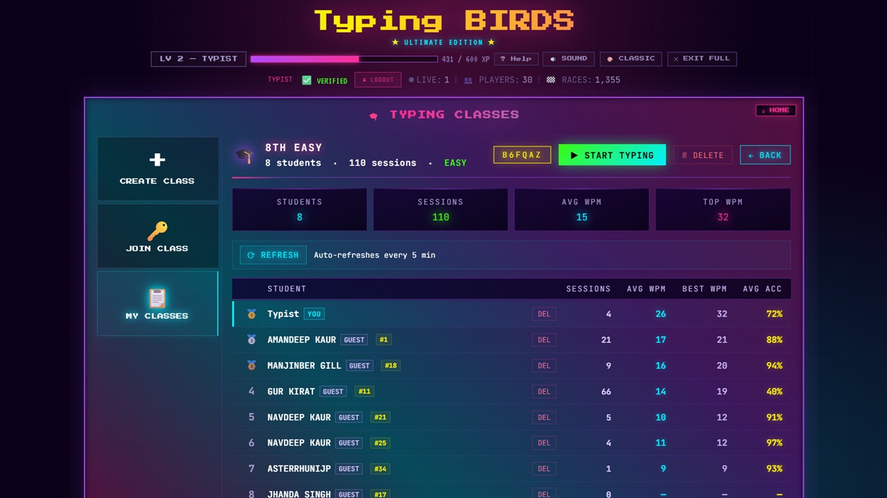 TypingBIRDS Typing Classes teacher dashboard showing 8 students with live WPM, sessions, and accuracy stats